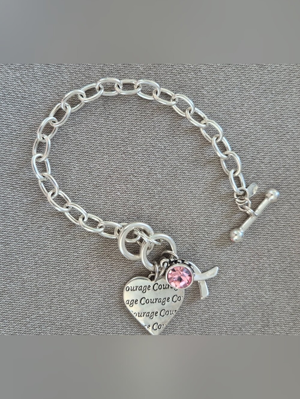 Silver-Tone Women's Bracelet with Pink Crystal Awareness Charm
